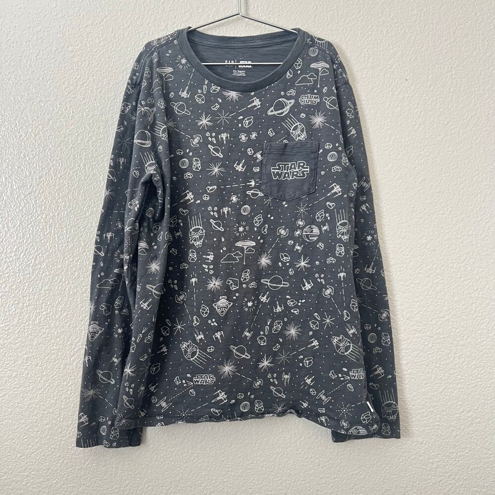 Gap x Star Wars long sleeve space print pocket tee t-shirt charcoal gray white